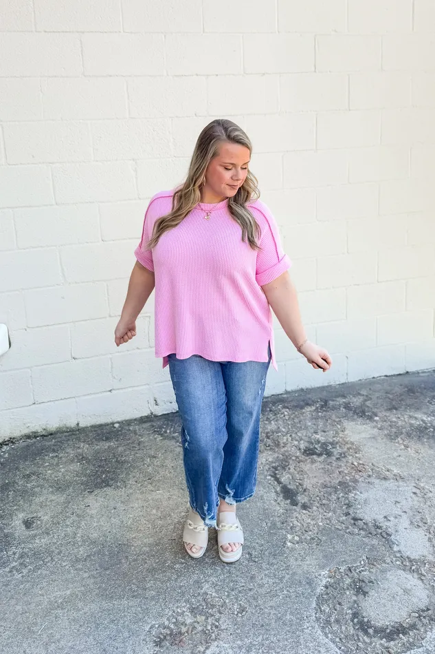 Jordan Crew Neck Ribbed Top Pink Zenana Earrings
