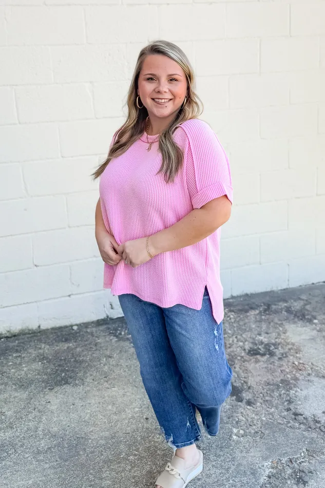 Jordan Crew Neck Ribbed Top Pink Zenana Earrings