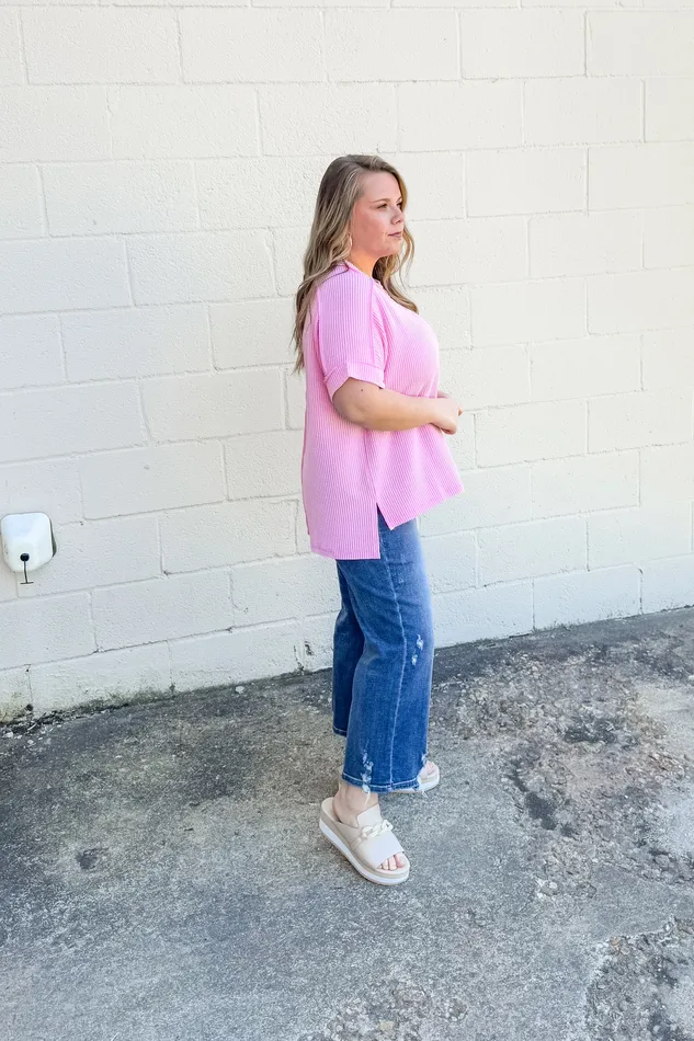 Jordan Crew Neck Ribbed Top Pink Zenana Earrings