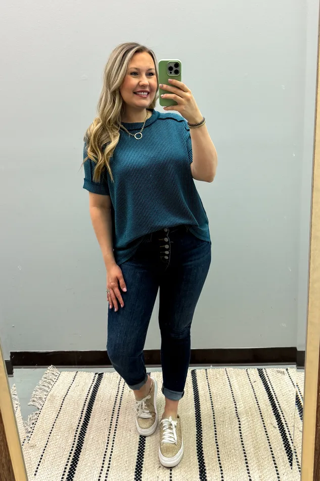 Jordan Crew Neck Ribbed Top Teal Zenana Earrings