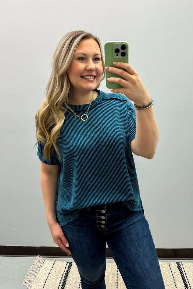 Jordan Crew Neck Ribbed Top Teal Zenana Earrings