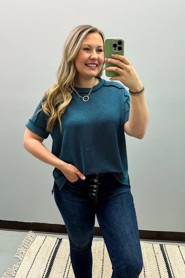 Jordan Crew Neck Ribbed Top Teal Zenana Earrings