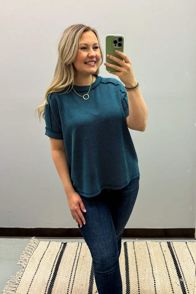 Jordan Crew Neck Ribbed Top Teal Zenana Earrings