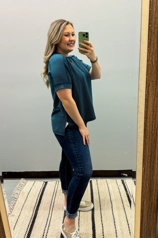 Jordan Crew Neck Ribbed Top Teal Zenana Earrings