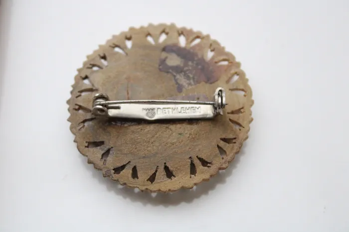 Jubilee Thrift Earrings Made In Bethlehem Wooden Medallion Carved Pin