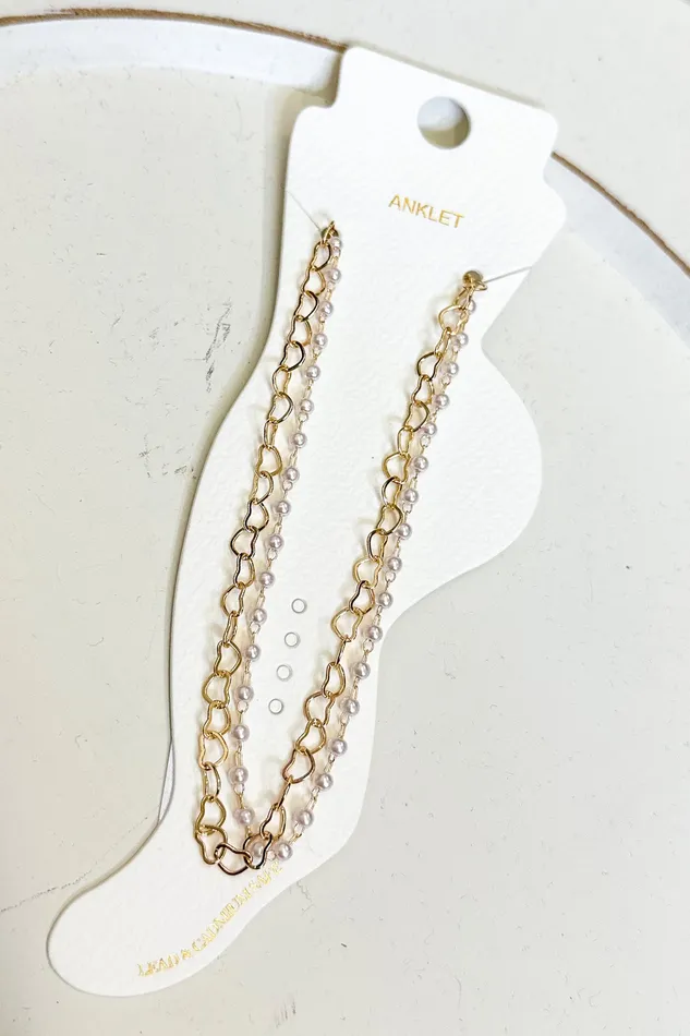 Judson 2 Stand Anklet with Pearl and Heart Shaped Chain Link Necklaces