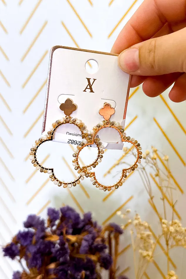 Judson Earrings Gold Tone Metal Clover Drop Earrings With Beaded Wire Wrapped Border