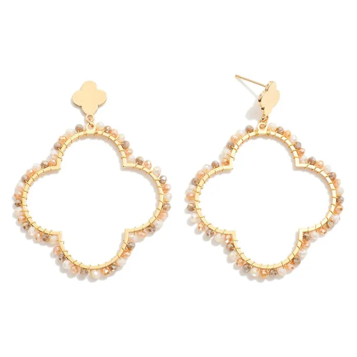 Judson Earrings Gold Tone Metal Clover Drop Earrings With Beaded Wire Wrapped Border