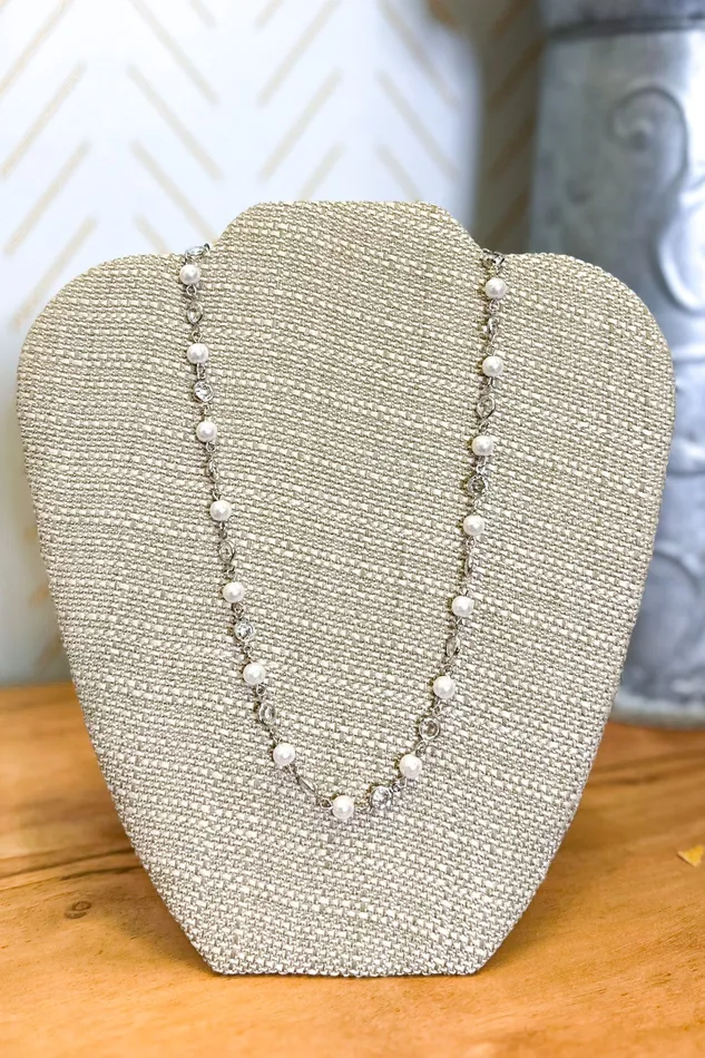 Judson Pearl Glass Crystal Linked Metal Tone Necklace Silver Necklaces