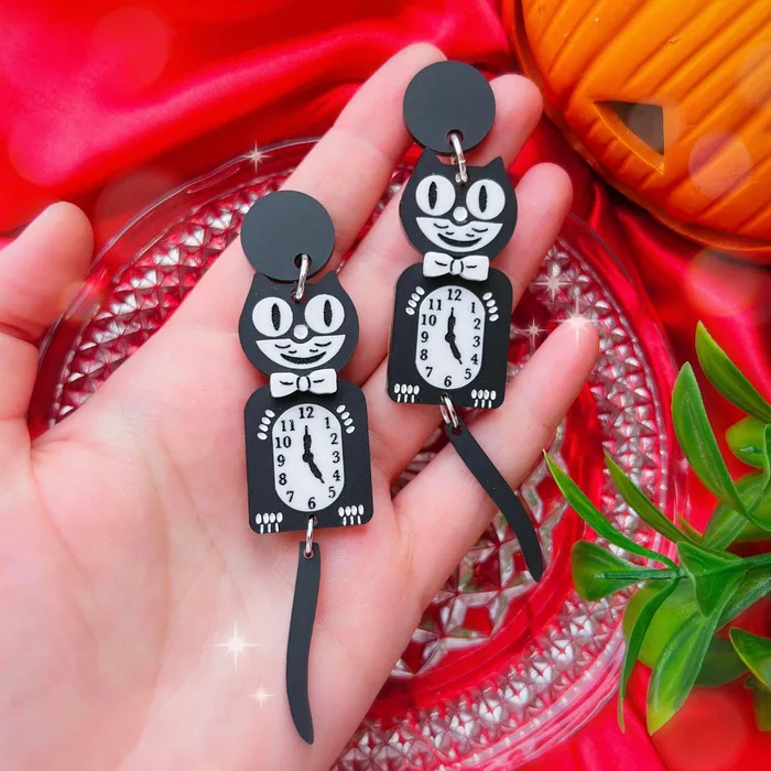 KGF Jewelry Earrings Black Cat Clock Acrylic Earrings Keychain Pin