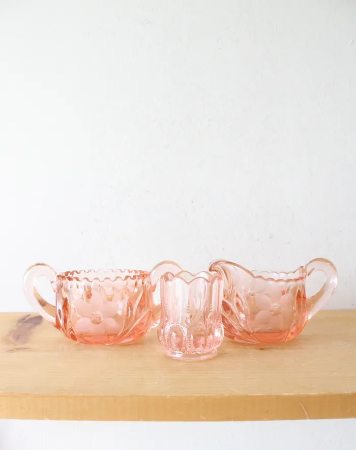 McKee Earrings EAPG McKee 6 Petals Star Pink Depression Glass Creamer Sugar Toothpick Holder Set McKee Earrings EAPG McKee 6 Petals Star Pink Depression Glass Creamer Sugar Toothpick Holder Set