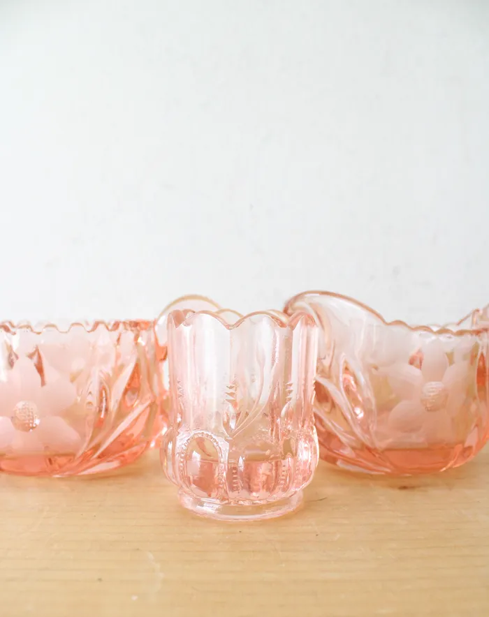 McKee Earrings EAPG McKee 6 Petals Star Pink Depression Glass Creamer Sugar Toothpick Holder Set