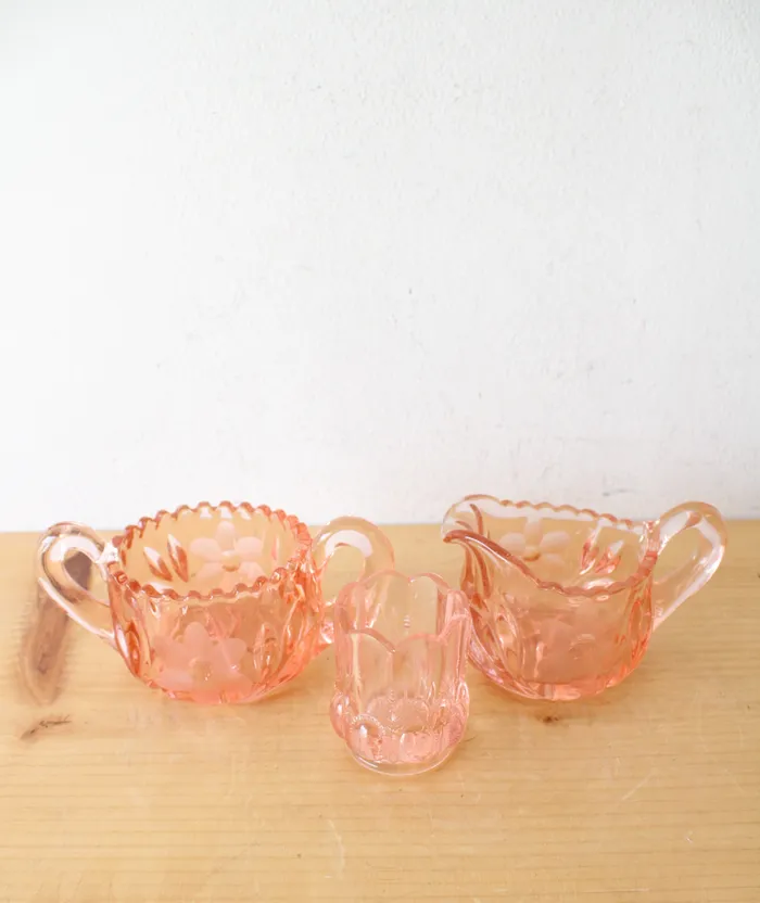 McKee Earrings EAPG McKee 6 Petals Star Pink Depression Glass Creamer Sugar Toothpick Holder Set