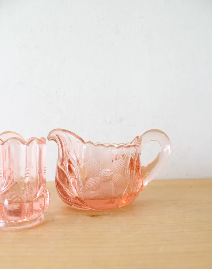 McKee Earrings EAPG McKee 6 Petals Star Pink Depression Glass Creamer Sugar Toothpick Holder Set
