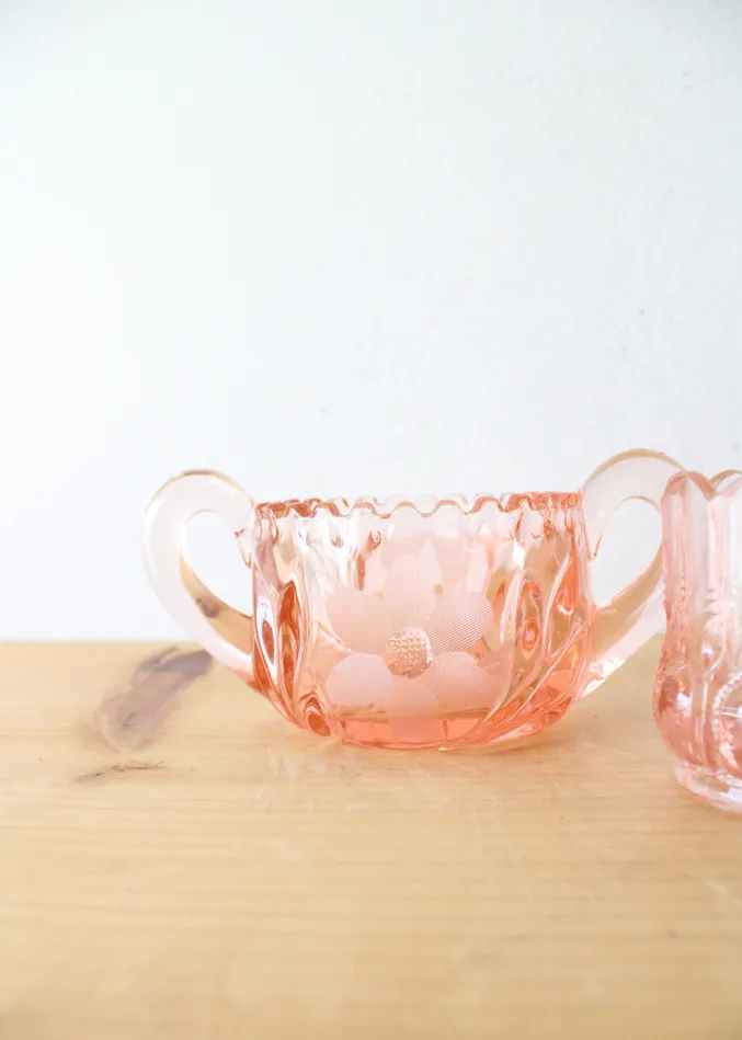 McKee Earrings EAPG McKee 6 Petals Star Pink Depression Glass Creamer Sugar Toothpick Holder Set