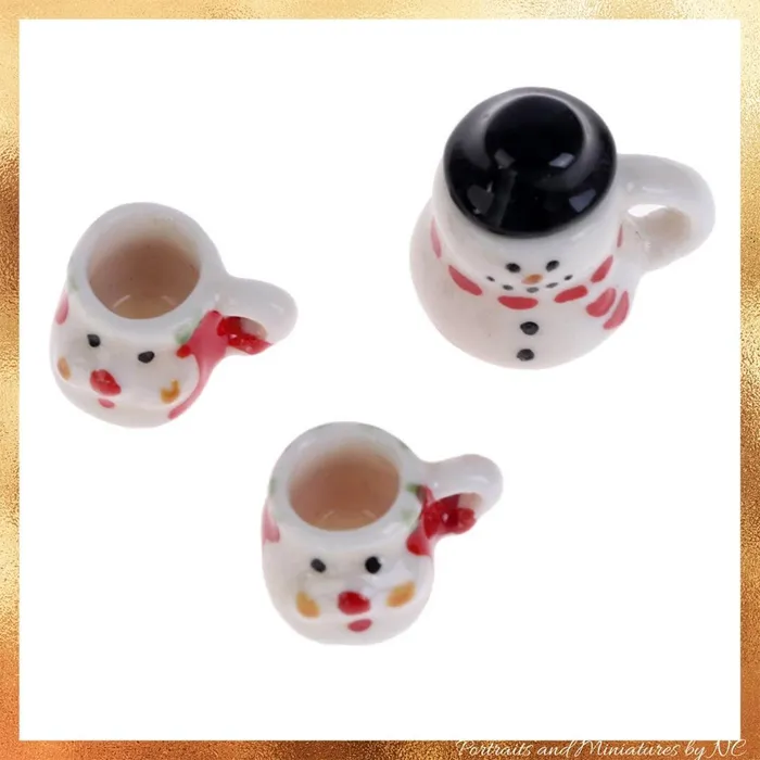 Miniatures by NC Earrings 112 Miniature Dollhouse Porcelain Mini Snowman Tea Pot and Cup Set Miniature Christmas Decoration Accessories