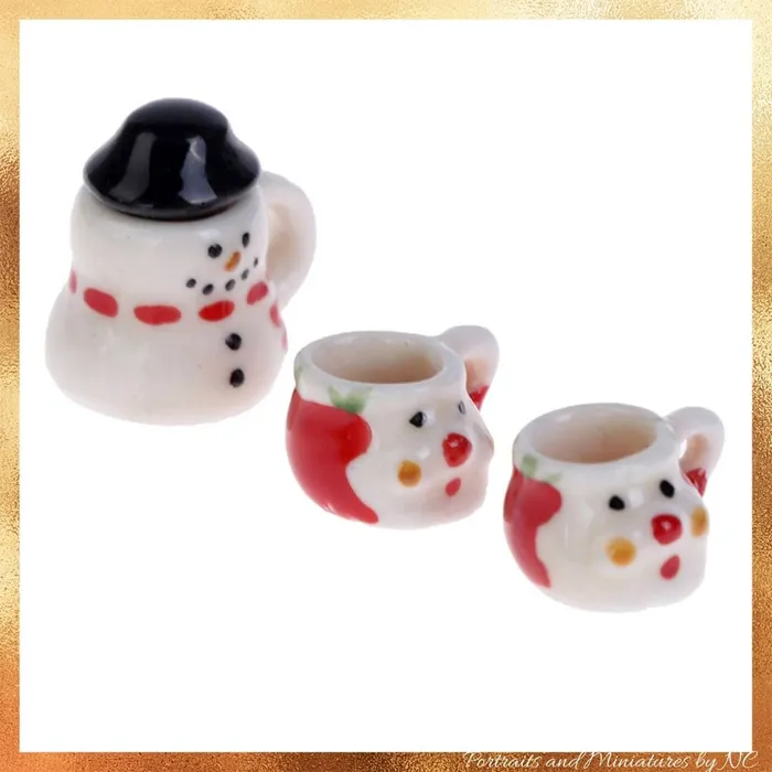 Miniatures by NC Earrings 112 Miniature Dollhouse Porcelain Mini Snowman Tea Pot and Cup Set Miniature Christmas Decoration Accessories