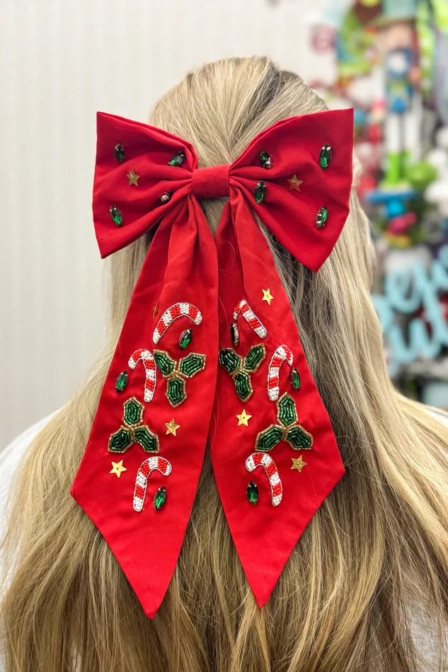 Necklaces JOSSLYN FAIRE Christmas Candy Cane Bow Hair Clip Red