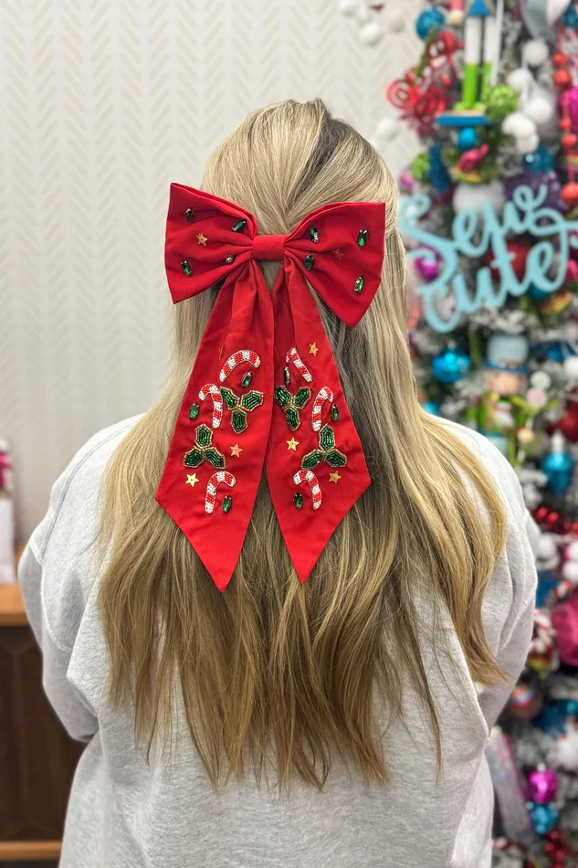 Necklaces JOSSLYN FAIRE Christmas Candy Cane Bow Hair Clip Red