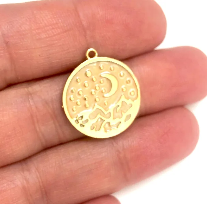 Necklaces Peppy Beads 24Kt Gold Plated Ivory Enamelled Moon Stars Pendant