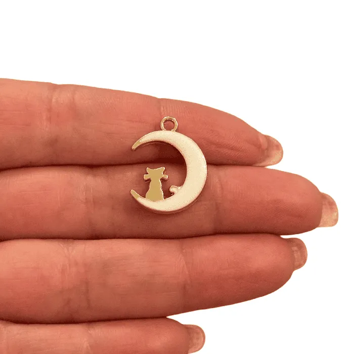 Necklaces Peppy Beads White Enamel Moon Charm with Gold Cat Crescent Pendant