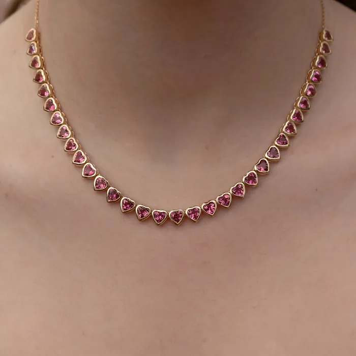 Necklaces RACHEL LYNN CHICAGO 18 Karat Yellow Gold Adjustable Pink Tourmaline Heart Tennis Necklace 1000cts 1600