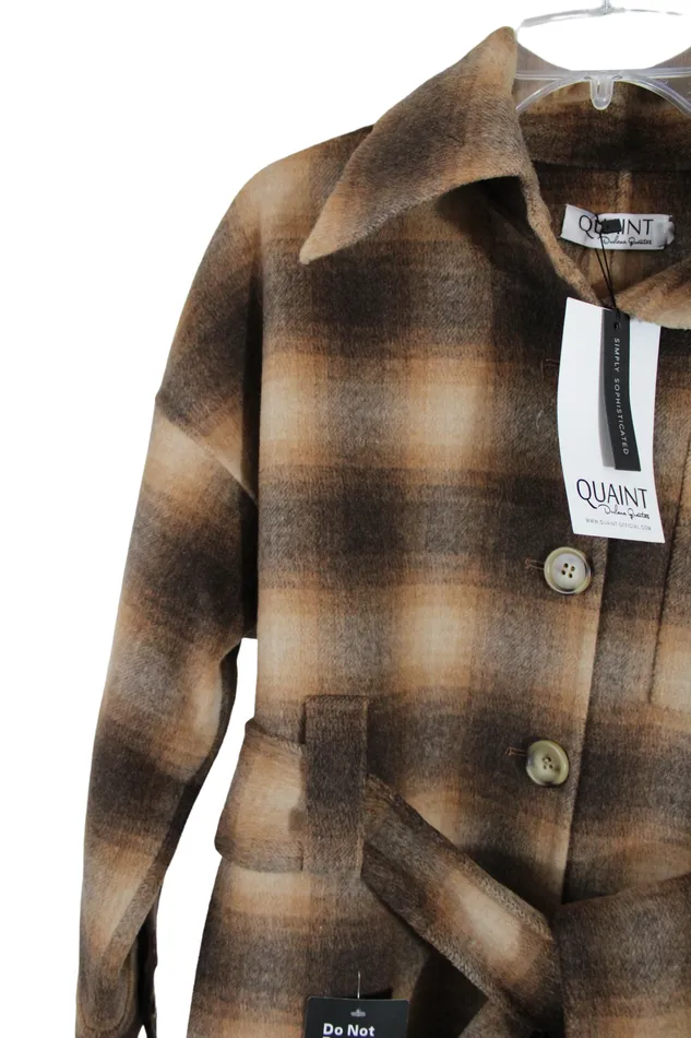 NEW Quaint Wool Brown Plaid Coat 32 QUAINT Earrings