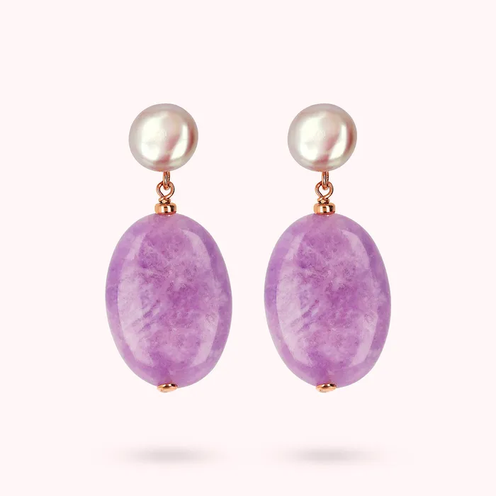 Orecchini Pendenti con Ametista Viola Ovale e Perle Coin dAcqua Dolce Rosa 910 mm Bronzallure Earrings