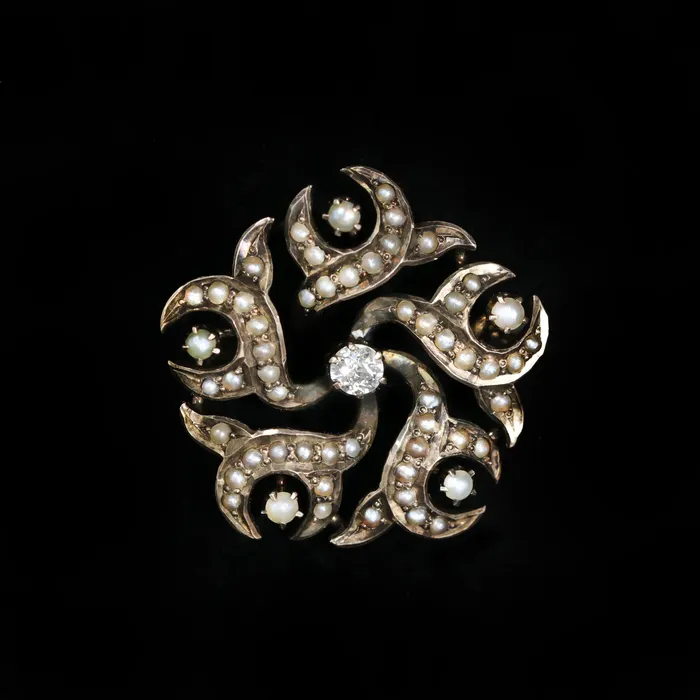 Paragon Mills Necklaces Victorian 14K Yellow Gold Diamond and Pearl Brooch