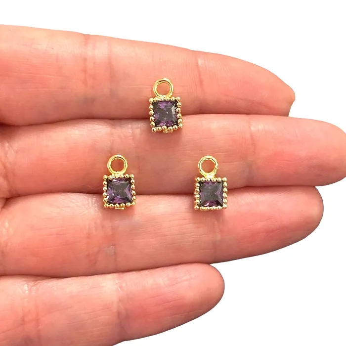 Peppy Beads Earrings 24Kt Gold Plated Square Amethyst CZ Charms 3 pcs in a pack