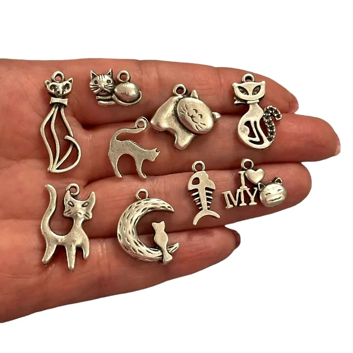 Peppy Beads Earrings Antique Silver Plated Cat Charms Collection 9 Charms in a pack