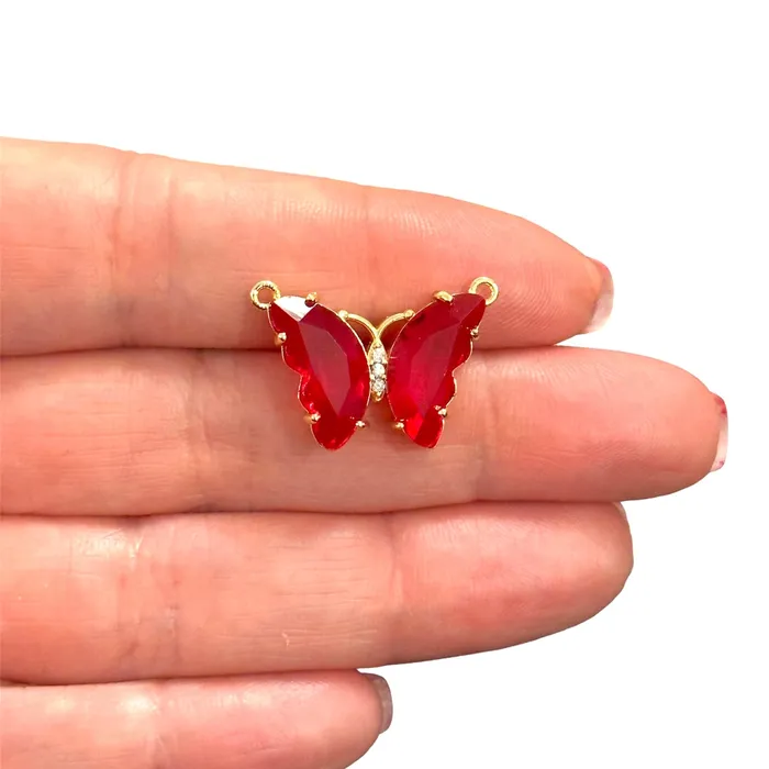 Peppy Beads Earrings Red CZ Butterfly Link Charm in 24K Gold Plating