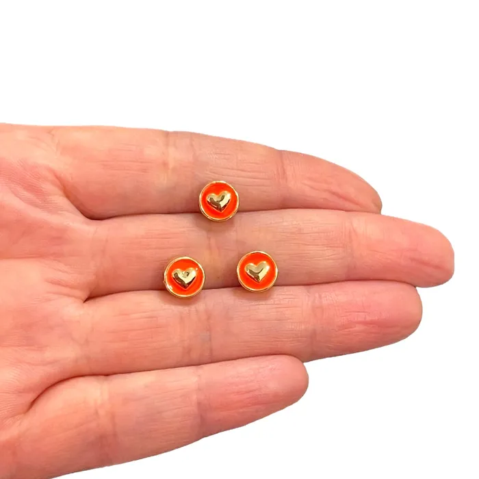 Peppy Beads Necklaces 24Kt Gold Plated DoubleSided Neon Orange Enamelled Heart Spacer Charms 3 pcs in a pack With Horizontal Hole Peppy Beads Necklaces 24Kt Gold Plated DoubleSided Neon Orange Enamelled Heart Spacer Charms 3 pcs in a pack With Horizontal Hole