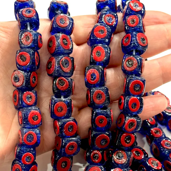 Peppy Beads Necklaces Traditional Turkish Artisan Handmade Cube Four Sided Evil Eye Glass Beads Large Hole Glass Beads 5 Beads in a pack
