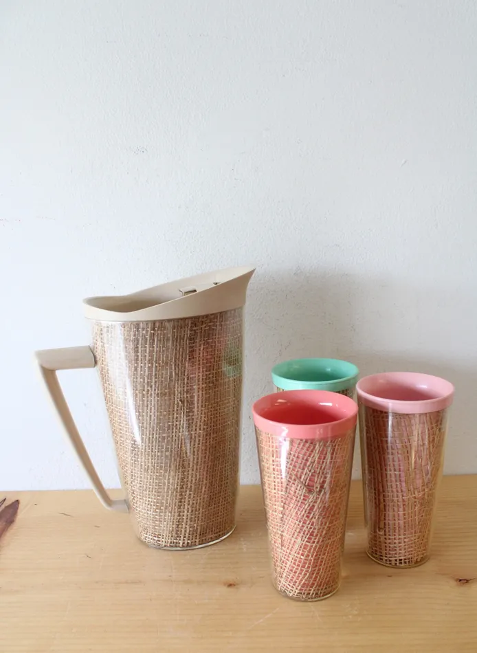 Raffiaware Vintage Melamine Pitcher Tall Cup Set Jubilee Thrift Earrings