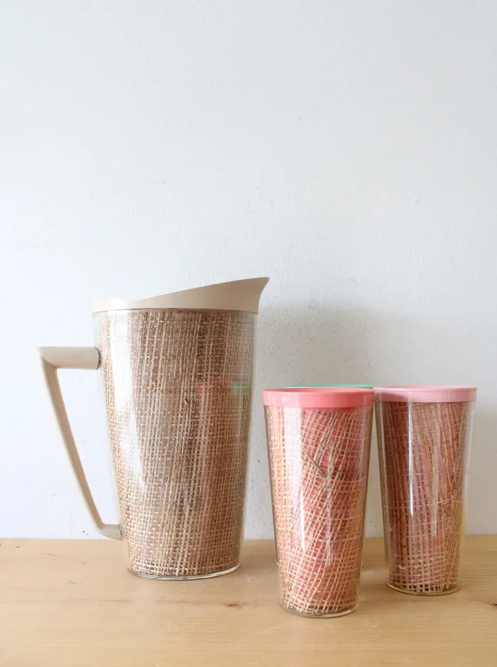 Raffiaware Vintage Melamine Pitcher Tall Cup Set Jubilee Thrift Earrings