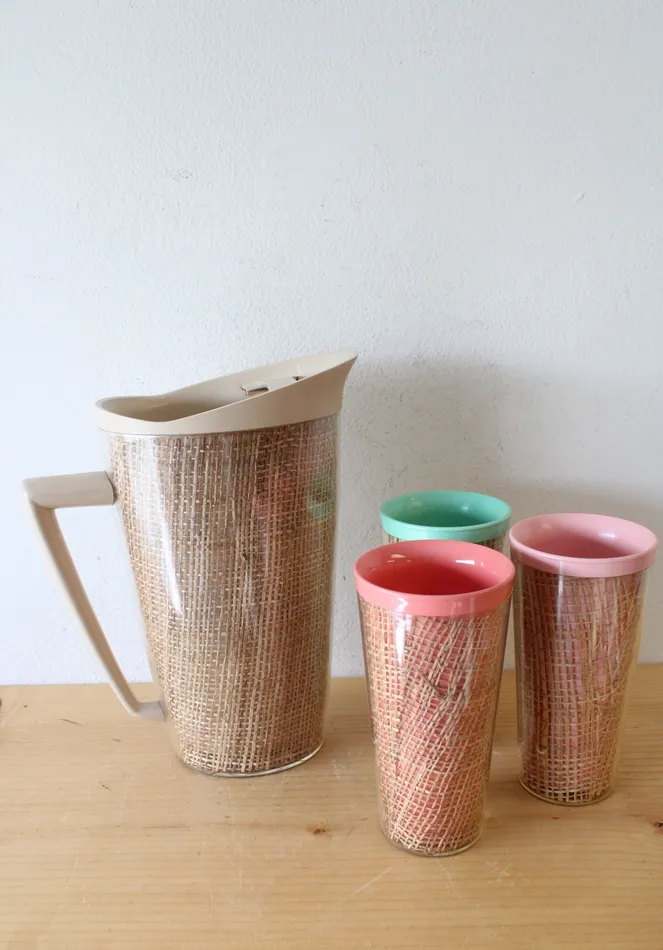 Raffiaware Vintage Melamine Pitcher Tall Cup Set Jubilee Thrift Earrings