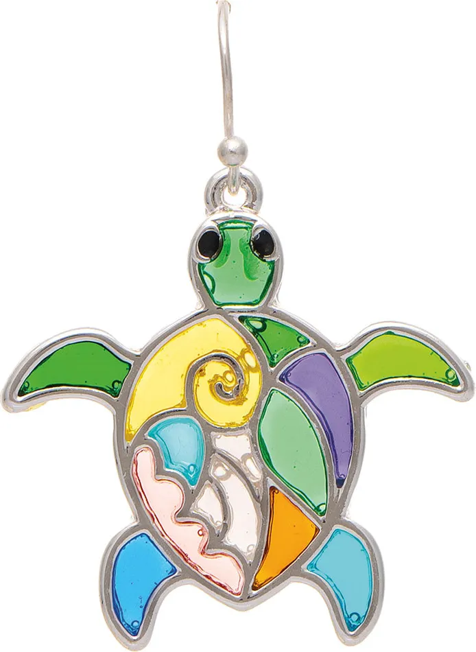 RAINJEWELRY Earrings Rain Multicolor Stained Glass Sea Turtle Silvertoned Earrings
