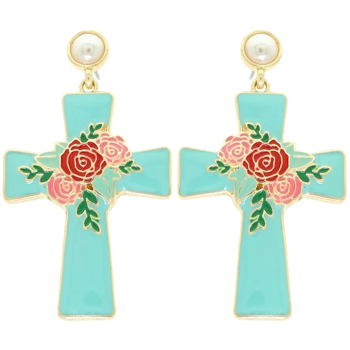Something Special LA PEARL EMBELLISHED PASTEL COLOR ENAMEL ROSE CROSS POST DANGLE EARRINGS Aqua Earrings Something Special LA PEARL EMBELLISHED PASTEL COLOR ENAMEL ROSE CROSS POST DANGLE EARRINGS Aqua Earrings