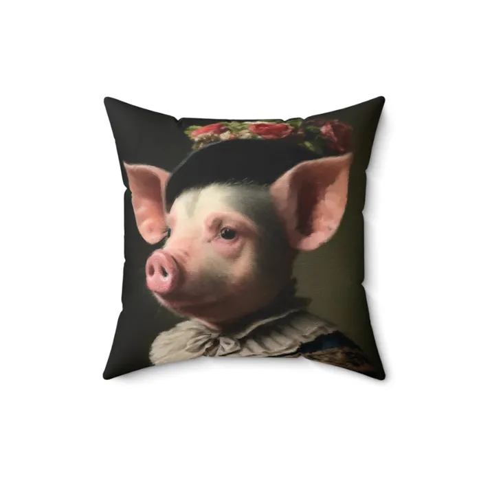Spun Polyester Square Pillow Pig In Victorian Elegance Portraits by NC Earrings