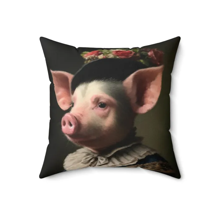 Spun Polyester Square Pillow Pig In Victorian Elegance Portraits by NC Earrings