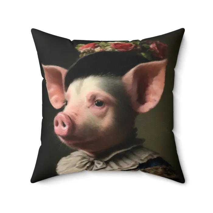 Spun Polyester Square Pillow Pig In Victorian Elegance Portraits by NC Earrings