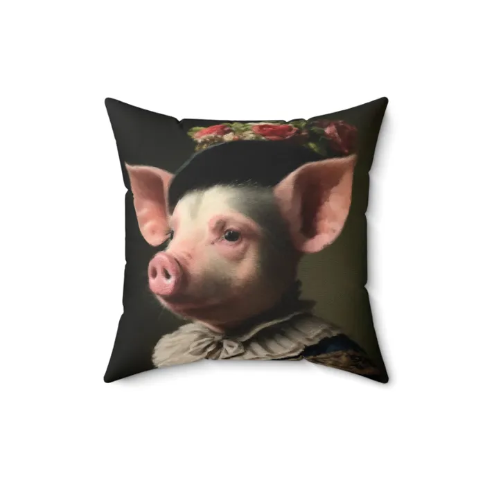 Spun Polyester Square Pillow Pig In Victorian Elegance Portraits by NC Earrings