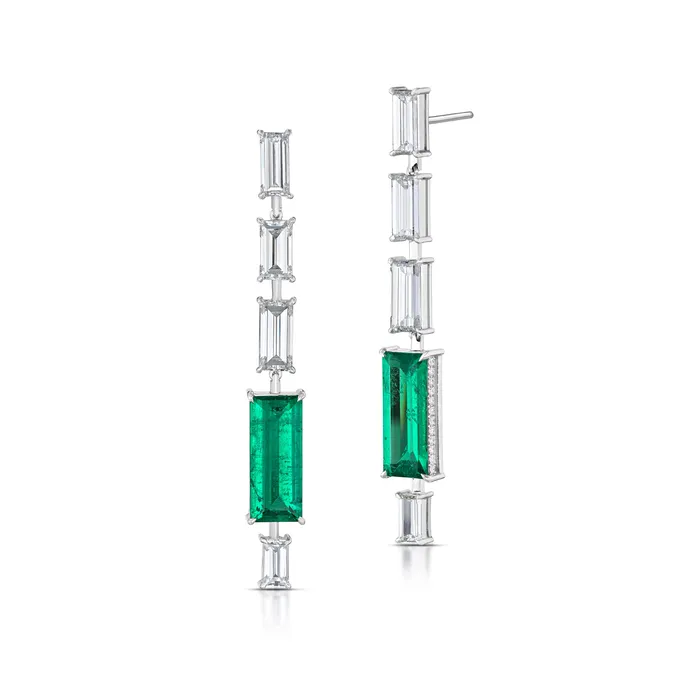 Stephen Silver Fine Jewelry Earrings 451 Carat Colombian Emerald and Diamond Earrings