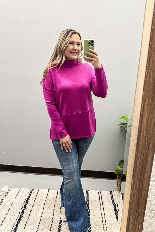 Travel Diaries Cowl Neck Top Magenta Dear Scarlett Earrings