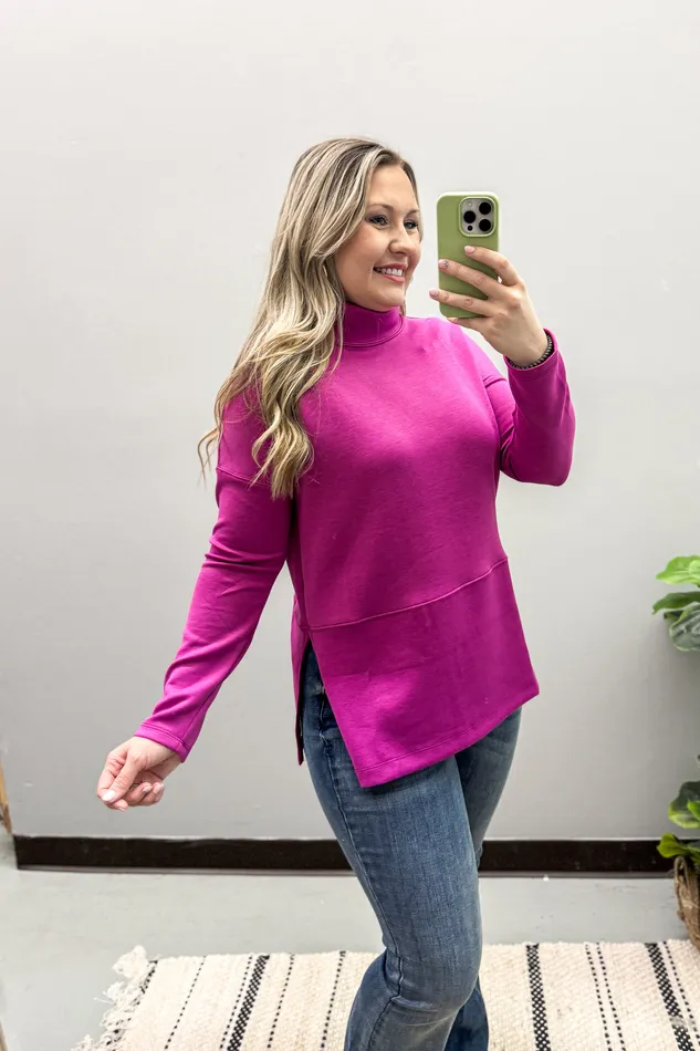 Travel Diaries Cowl Neck Top Magenta Dear Scarlett Earrings