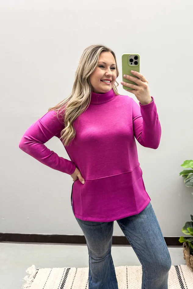 Travel Diaries Cowl Neck Top Magenta Dear Scarlett Earrings