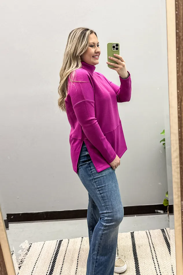 Travel Diaries Cowl Neck Top Magenta Dear Scarlett Earrings