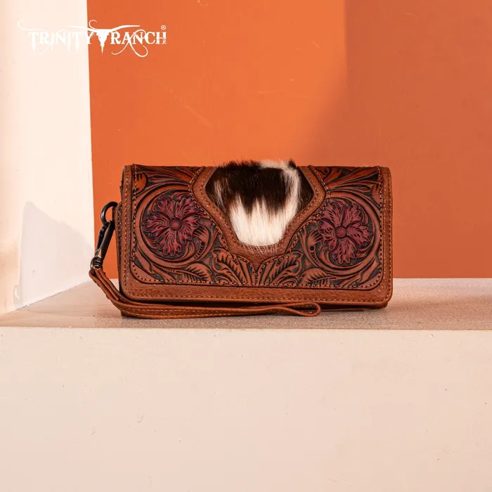 TRINITY RANCH Necklaces Trinity Ranch Floral Tooled and HairOn Cowhide Collection Wallet Brown