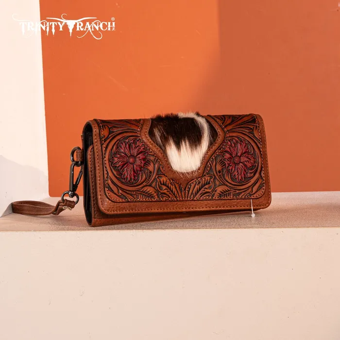 TRINITY RANCH Necklaces Trinity Ranch Floral Tooled and HairOn Cowhide Collection Wallet Brown
